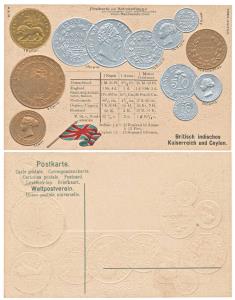 Embossed Postcard with impression of British India & British Ceylon coins. Printed in the 