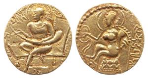 Samudragupta (AD 335-380), Gold Dinar, 7.80 g, Lyrist type, obv: King seated on a high-bac