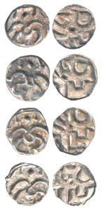 Kalachuris of Ratnapur, Ratnadeva II or III, Silver Mashakas (4), obv. Hanuman (3/8), rev.