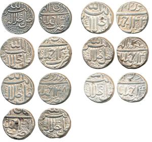 Akbar, Silver Rupee, Ahmedabad Mint, Ilahi type, 7 different Months Aban, Azar, Bahman, Di