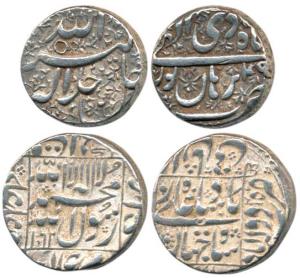 Silver Rupee (2), Akbar, Burhanpur Mint, Ilahi type, Month Di, Year 45; Shah Jahan, Daulat