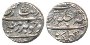Aurangzeb, Silver ½ Rupee, Golkunda Mint, RY 14, near complete mint name at bottom. Very F