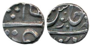 Muhiabad Poona Mint, Silver ¼ Rupee, Ankushi type, in the name of Shah Ali Gohar, mint nam