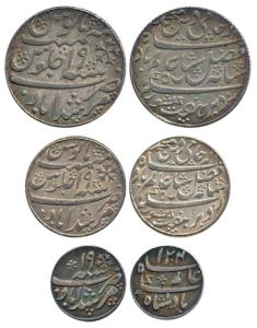 Murshidabad Mint, Set of 3, Silver Rupee, ½ and 1/4, in the name of Shah Alam II, frozen R