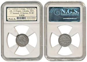 William IV, Silver ¼ Rupee, 1835, Calcutta Mint, 'F' incused, 19 Berries (Prid 89). Slabbe