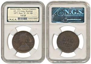 Victoria Empress, Copper ½ Anna, 1877, Bombay Mint, Bust 'B', (Prid 586). Slabbed in NGS h