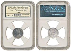 Victoria Empress, Silver ¼ Rupee, 1894, Calcutta Mint, C/II /'C' incused (Prid 399). Slabb
