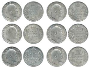 Edward VII, Silver ½ Rupee (6), 1906 (2), 1909 and 1910 (3), Calcutta Mint, no mint mark. 