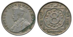 George V, Cupro-Nickel 8 Annas, 1919, Bombay Mint. Fine+.