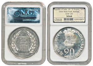 Silver Rupees 20, 1973, Grow More Food (KM 629/ 2403/8). Slabbed in NGS holder graded as M