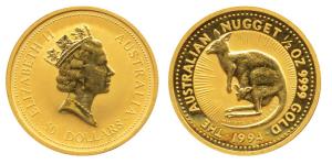 Australia Nugget, Gold 50 Dollars, ½ ounce, 15.55g, 1994, .9999 purity, Kangaroo on rev. P
