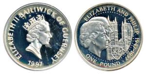 Balliwick of Guernsey, Silver Pound, Off Metal Strike (OMS), 1997. Proof, Scarce.