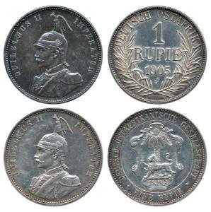 German East Africa, Silver Rupee (2), Wihelm II, 1905 J and 1892. Very Fine to Extremely F