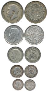 Great Britain, George V, Silver ½ Crown 1920, Florin 1928, Shilling 1936, 6 Pence 1916 and