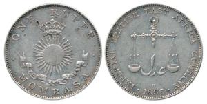 Mombasa, Silver Rupee, 11.64g, 1888 H. Very Fine+, Scarce.