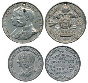 Prince of Wales Medal, Pewter (2), Royal Visit to India, 1905-06, conjoined busts of Georg