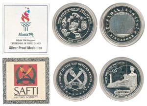Singapore, Silver Medallion (2), 100th Anniversary of the Olympics, 1896-1996; Opening of 