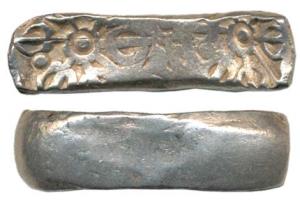 Punch Marked, Gandhara Janapada (c. 400 BC), Silver Shatamana, 11.26g, bent bar, six armed