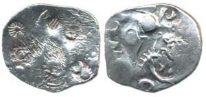 Punch Marked, Vatsa Janapada, Silver Karshapana, ABCC type, wheel, Vatsa royal mark of sco