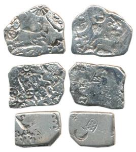 Punch Marked, Maurya Empire (c. 300 BC), Silver Karshapana (3), prominent three human figu