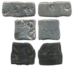 Punch Marked, Vidarbha Janapada, Silver ½ Karshapana (3), typical triscle and dumbbell on 