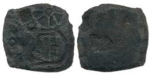 Punch Marked, Chandraketugarh region, Copper Karshapana, boat, wheel and four armed symbol