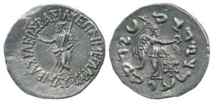 Indo-Scythians, Maues (c. 125-85 BC), Silver Tetradrachm, Zeus standing left, holding torq