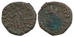 Indo-Scythians, Azes (c. 57-12 BC), Copper Unit, obv. standing figure, rev. goddess seated