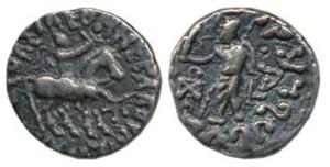 Indo-Scythian, Azes, Silver Drachm, king holding spear mounted on a horse to right on obv.