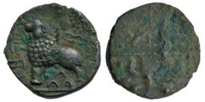 Western Kshatrapas, Nahapana, Potin Unit, Junnar Lion type, lion to left on obv., thunderb