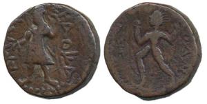 Kushanas, Kanishka I (c. AD 127 -152), Copper Drachma, king standing left, rev. God Vado (