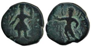 Kushanas, Kanishka I, Copper ½ Drachma, Kanishka standing left, God standing on rev. Nice 
