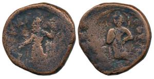 Kushanas, Kanishka I, Copper Unit, 15.38g, Boddo type, king standing to left and offering 