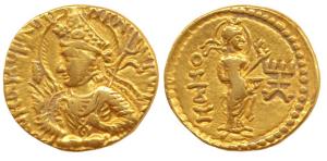 Kushanas, Huvishka (c. AD 152-192), Gold Dinar, Mint II (B), crowned half length bust of t