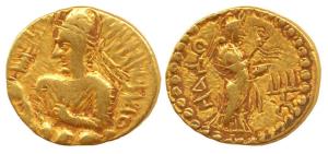 Kushanas, Huvishka, Gold Dinar, Mint II (B), crowned half length bust of the king seated o