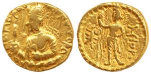 Kushanas, Huvishka, Gold Dinar, crowned half length bust of the king seated on clouds, hol
