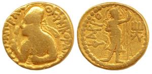 Kushanas, Huvishka, Gold Dinar, crowned half length bust of the king seated on clouds, hol