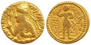Kushanas, Huvishka, Gold Dinar, Mint A, 1st emission, crowned half length bust of the king