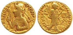 Kushanas, Huvishka, Gold Dinar, Mint I (A), 1st emission, crowned half length bust of the 