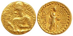 Kushanas, Huvishka, Gold Dinar, crowned half length bust of the king seated on clouds, hol