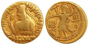 Kushanas, Huvishka, Gold Dinar, crowned half length bust of the king seated on clouds, hol