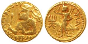 Kushanas, Huvishka, Gold Dinar, Mint I (A), 1st emission, crowned half length bust of the 