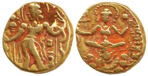 Guptas, Chandragupta II, Gold Dinar, Archer type, obv. king nimbate, standing left holding