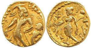 Guptas, Chandragupta II (c. AD 380-413), Gold Dinar, 7.76g, Chhatra type, an attendant sta