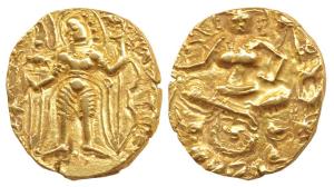 Purugupta (c. AD 380-413), Gold Dinar, Archer type, obv. king nimbate, standing left holdi