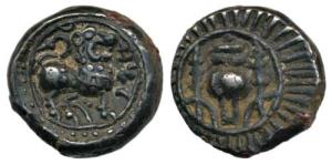 Vishnukundin Dynasty (c. 450-615 AD), Copper base alloy Unit, obv. lion to right with upra