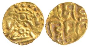 Kalachuris of Tripuri, Gangeyadeva, Gold Masha, obv. seated Lakshmi; rev. legend Srimad Ga