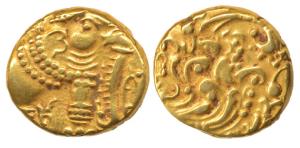 Western Gangas, Gold Gajapati Pagoda, an ornate elephant standing to right on obv.; scroll