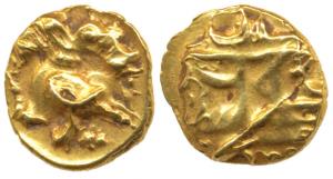 Achutaraya, Gold ½ Pagoda, two headed mythical bird holding four elephants walking left: g