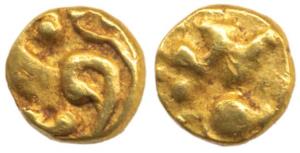 Kadambas of Hangal, Gold Fanam, a lion with upraised leg on obv., scroll on rev. (Mitch 22